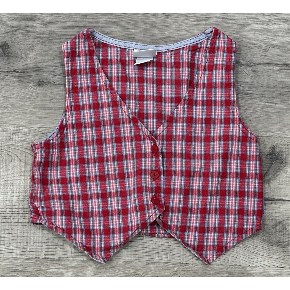 Vtg 90's Oshkosh B Gosh Plaid Vest Kid Size 4 Red Blue Green Americana Patriotic